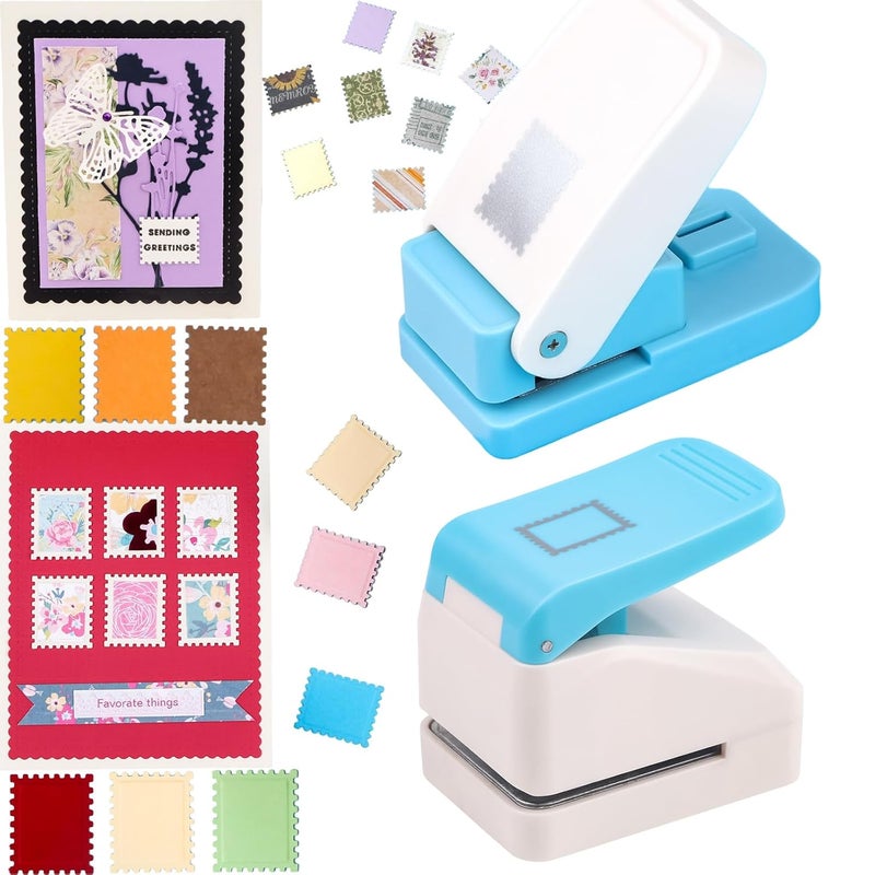 CYFUN DESIGN 2 Pcs Stamp Paper Punch, 1X0.8inch & 1.1X0.9 inch Embossing Postage Stamp Shape Puncher, Lever Craft Hole Punches for Crafting DIY Scrapbooking Projects - Image 1